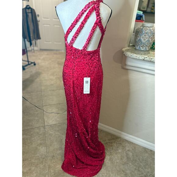 Lavetir One-Shoulder Split Side Long Sequin Dress Pink Size Medium 4-8 - Picture 13 of 14